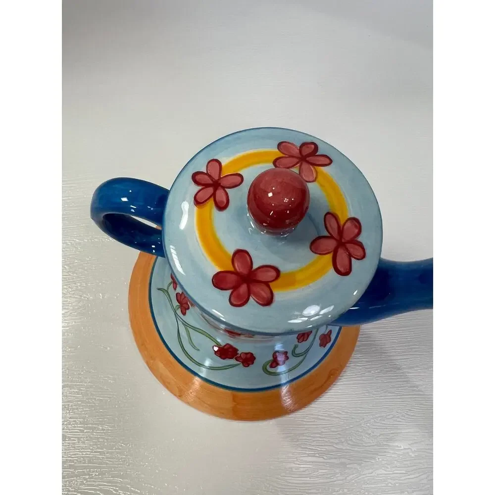 Vintage I Godinger & Co Floral Hand Painted Ceramic Teapot Blue Orange Whimsical